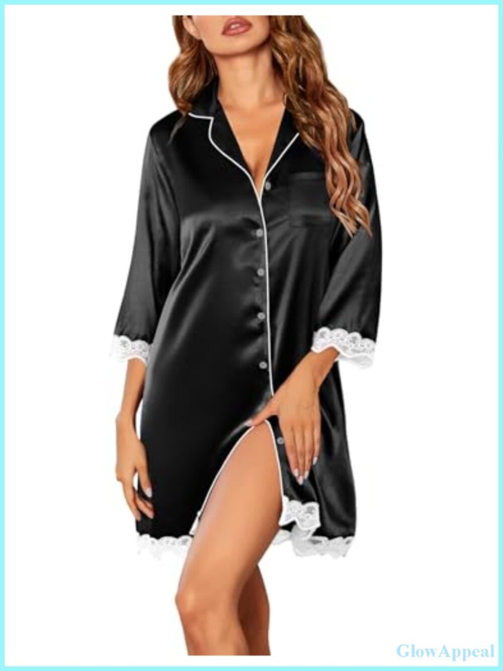 Satin Nightgown Women Button Down Sleepshirt 3/4 Sleeve V-Neck Lace Hem